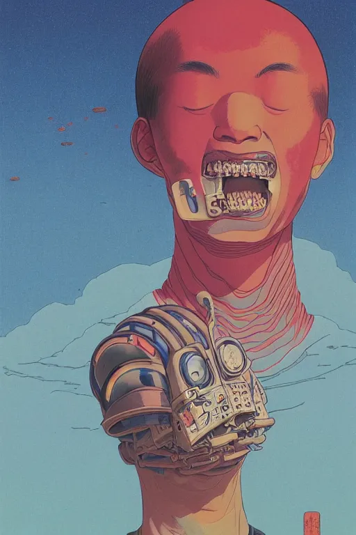 Prompt: a scifi closeup portrait of a young japanese man licking a blotter paper of LSD acid on his tongue and dreaming psychedelic hallucinations in cosmos, by kawase hasui, moebius, Edward Hopper and James Gilleard, Zdzislaw Beksinski, Steven Outram colorful flat surreal design, hd, 8k, artstation