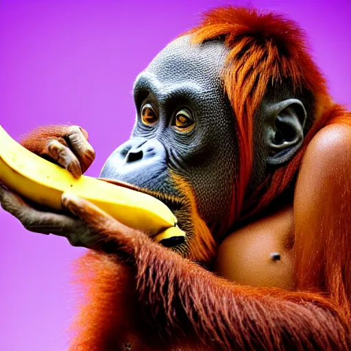 Image similar to pixel art of an orangutan eating a banana 4 k, high resolution, still, landscape, hd, dslr, hyper realistic