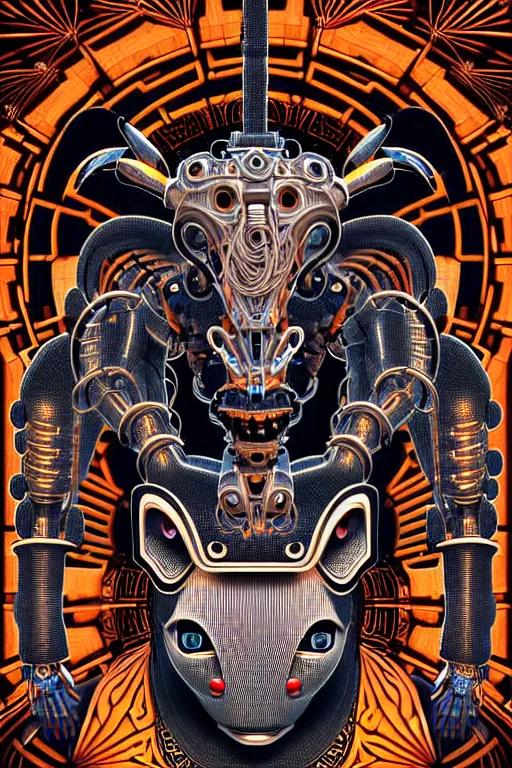 Image similar to a centered uncut fullbody frontview portrait of a robotic minotaur headed biomechanical creature by clogtwo and subjekt zero feat paul lewin and ø - cult. intricate detailed sharp clean textured very ornated. indian style tapestry design. hd. 4 k. lowbrow color palette