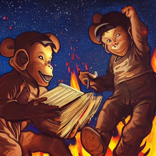 Image similar to [two monkeys throwing books in a bonfire, behind them space rockets are taking off. propaganda, closeup, D&D, intricate, elegant, highly detailed, digital painting, artstation, concept art, matte, sharp focus, illustration, art by Artgerm and Greg Rutkowski and Alphonse Mucha and Enki Bilal]