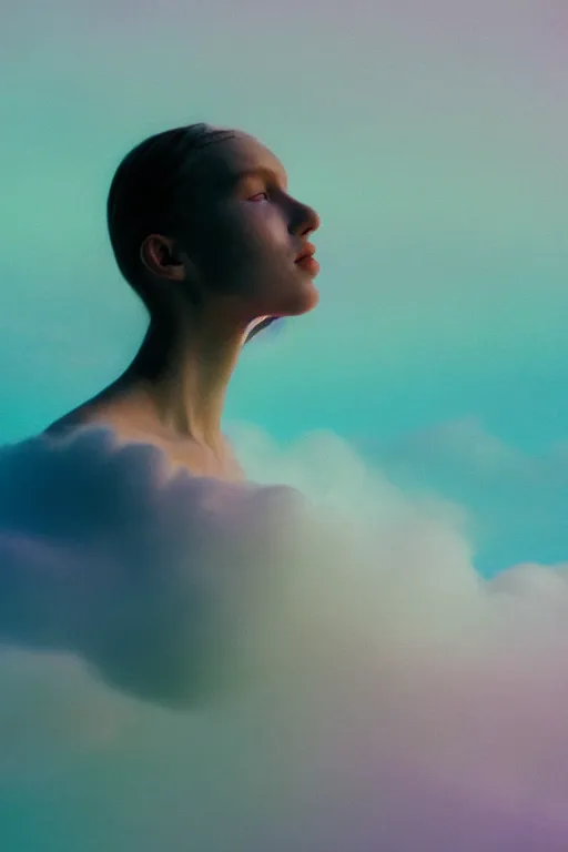 Image similar to high quality pastel coloured film close up wide angle photograph of a model wearing clothing swimming on cloud furniture in a icelandic black rock!! environment in a partially haze filled dreamstate world. three point light, rainbow. photographic production. art directed. pastel colours. volumetric clouds. pastel gradient overlay. waves glitch artefacts. extreme facial clarity. 8 k. filmic.