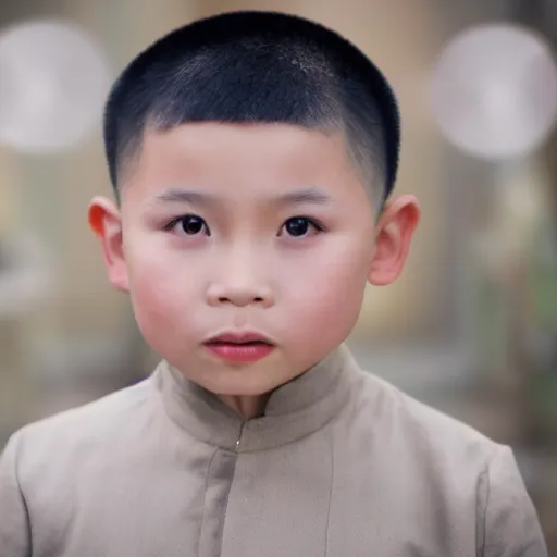 Image similar to cinematic still light skin vietnamese 6 year old boy in star wars, slight underbite, heart shaped face, round cheeks, crew cut hair