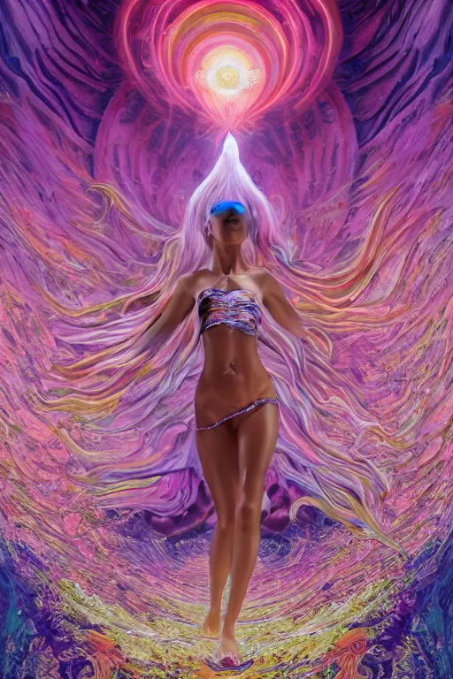 Image similar to overdetailed maximalist fullbody portrait of a beautiful female energy being transcending to her true form while floating over a surreal landscape. Made by oozium, inspired by silvio vieira, overpainted by loish. 8k 3d realistic render. Bright, sacred, spiritual, dawn, backlit, calm, relaxed, dynamic, ethereal, arcane, intricate, mysterious, dramatic, cinematic. Seen from below. Overpaint by phazed and erica robin. Artstation, deviantart, vagallery.com