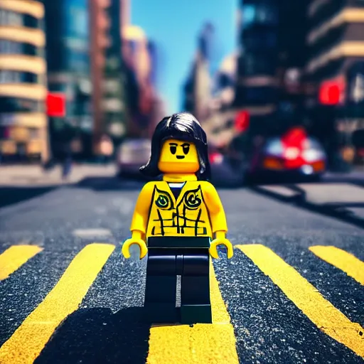 Image similar to hyperrealistic giant enormous lego minifigure walking over city street, street view, epic lighting, composition, view from ground, buildings, cars, sky, road, hd, hyperrealistic