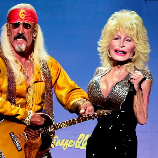 Image similar to Hulk Hogan and Dolly Parton perform on stage, biblically accurate