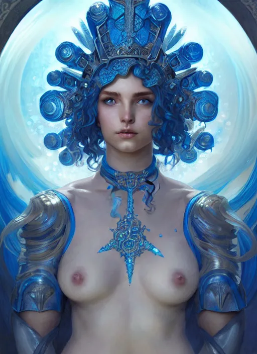 Image similar to a goddess of water wearing blue armor, with arms and hair turning into water, fantasy, intricate, elegant, highly detailed, digital painting, artstation, concept art, wallpaper, smooth, sharp focus, illustration, art by artgerm and greg rutkowski and alphonse mucha