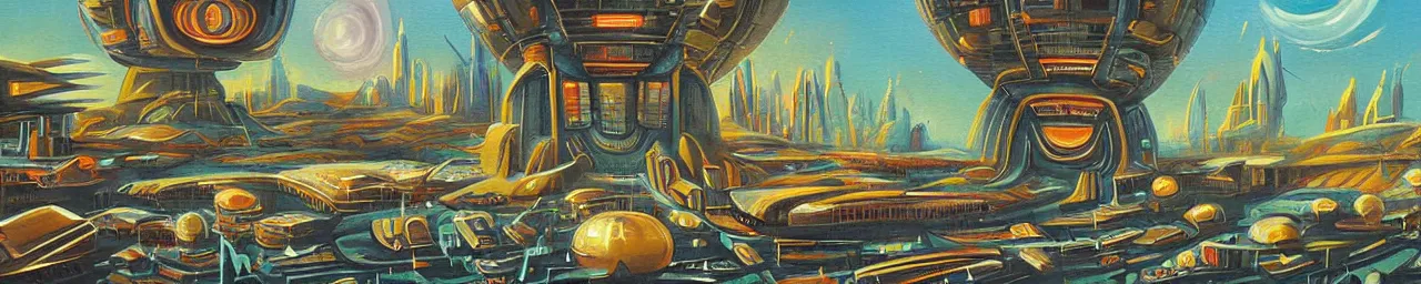 Image similar to retro sci-fi painting of an alien city