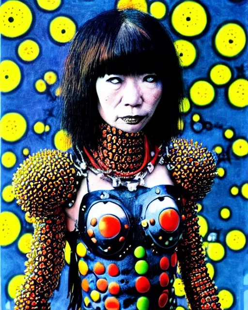 Image similar to portrait of a skinny punk goth yayoi kusama wearing armor by simon bisley, john blance, frank frazetta, fantasy, thief warrior, floral flowers colorful