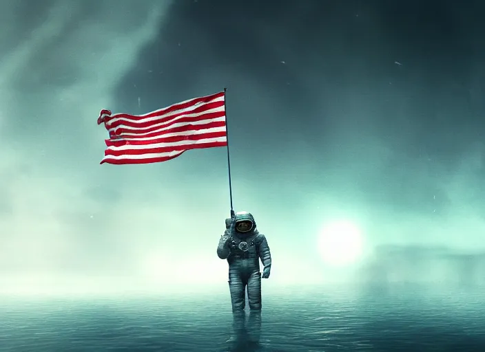 Image similar to astronaut holding a flag in an underwater desert. a submarine is visible in the distance. dark, concept art, cinematic, dramatic, atmospheric, 8 k, trending on artstation, blue, fish, low visibility, fog, ocean floor, christopher nolan, interstellar