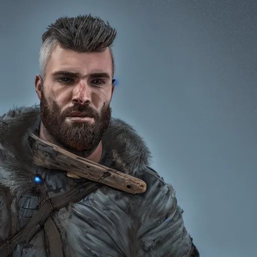 Image similar to A comic book style portrait painting of a male sheriff ranger in a a post apocalyptic winter landscape, unreal 5, DAZ, hyperrealistic, octane render, RPG portrait, ambient light, dynamic lighting