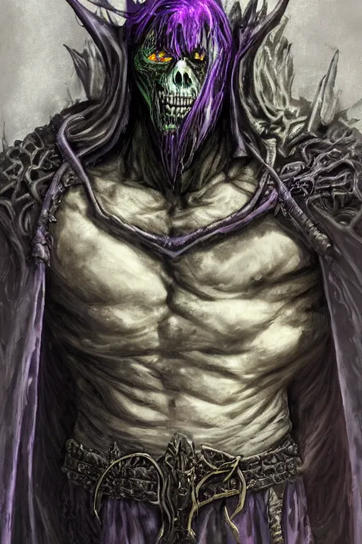 Image similar to portrait of hulking herculean ainz ooal gown undead lich, from overlord, warlock purple robes, magical electricity, upper body, fantasy, intricate, elegant, highly detailed, digital painting, artstation, concept art, sharp focus, illustration, art by luis royo, wayne barlowe, kirsi salonen, asya yoranova and alan lee