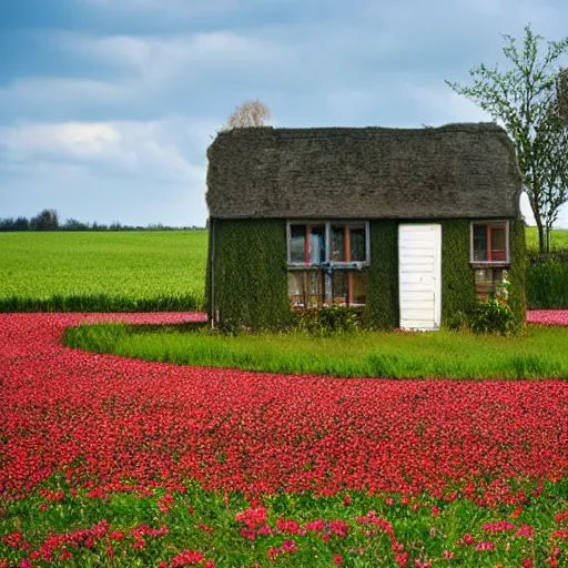 Prompt: strawberry - shaped house in a field full of flowers