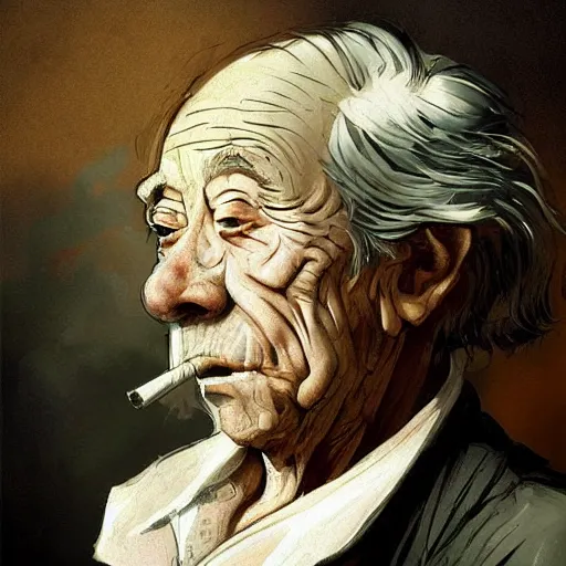 Prompt: an old man can't stop smoking cigarettes, digital painting, masterpiece by rembrandt and thomas kinkade and frank frazetta and kentaro miura, by reiq and tite kubo, stylized yet realistic faces and anatomy, advanced lighting technology, beautiful, gorgeous brush strokes