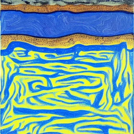 Image similar to a river scene. The river is represented by a line winding through the center of the mixed mediart. The banks of the river are represented by two lines, one on each side. instruction manual by Emily Kame Kngwarreye calm, aesthetic