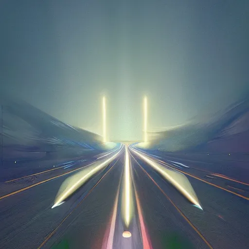 Prompt: a supersonic highway of light that allows you to drive through time into the future, by john philip falter and beeple, 8 k resolution digital art trending on artstation a door to forever