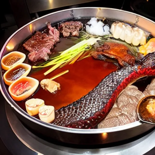 Image similar to high - end hot pot restaurant serving chinese dragon meat