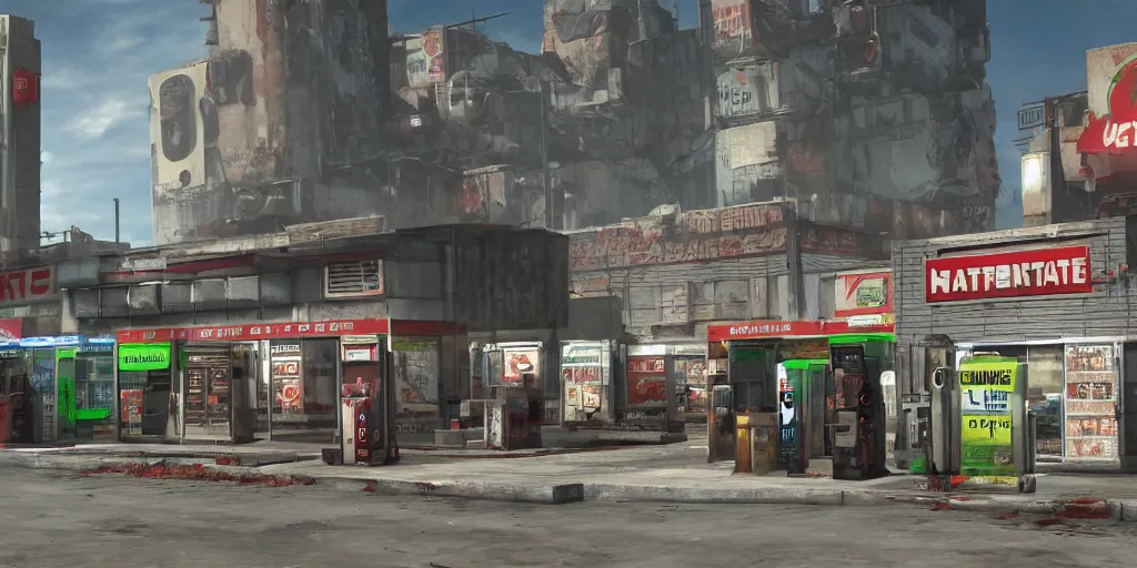 Image similar to Fallout-style robotic buying gaterade at 7Eleven | Trending on ArtStation, Fallout | Hyperrealistic CGI Photorealistic Cyberpunk Post Nuclear City