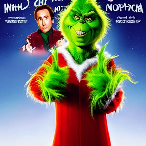 Image similar to a film poster of the grinch with Nicolas cage