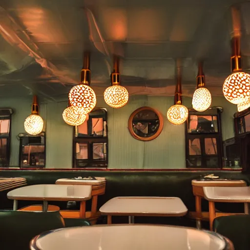 Prompt: inside of a diner with jellyfish lampshades, polka dot tables, cozy lighting, late night, photo