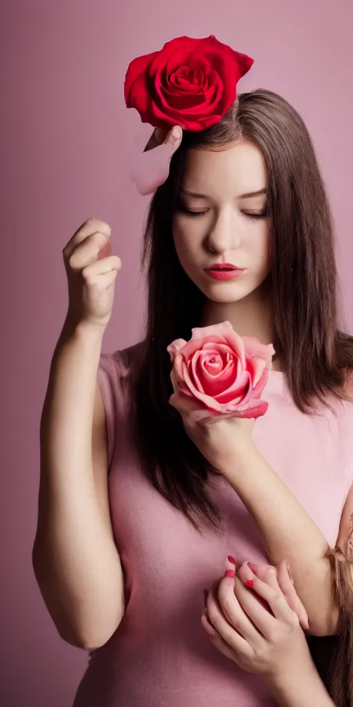 Image similar to a 2 0 years old woman touching a pastel red rose, dramatic angle, pastel style, portrait, beautiful face