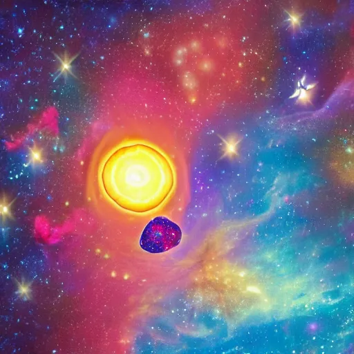 Prompt: a picture of a morning breakfast table with a cereal bowl with a nebula inside, highly intricate and colorful, nebula, galaxy, highly detailed illustration