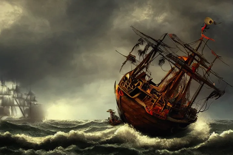 Image similar to epic pirate ship in a storm, sighting the kraken, in the style of vernon grant and chris van allsburg, trending on artstation, bright tilt - shift camcorder effect, photoshop, retrowave, hyperrealism,