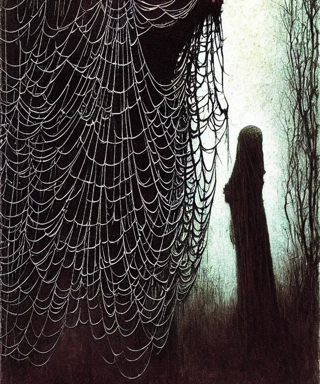 Image similar to a woman standing all covered in spiders. arachnophobia, fear of spiders, incredible number of spiders and bugs. extremely high details, spider paws and eyes, realistic, horror, creepy, web, masterpiece, art by zdzislaw beksinski, arthur rackham, dariusz zawadzki, hermann nitsch