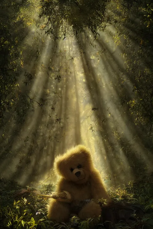 Image similar to mean fluffy teddybear protecting girl in a forest with rays of light coming through the canopy, masterpiece, dystopian, sci-fi, extremely detailed, digital painting, sculpted in zbrush, artstation, concept art, smooth, sharp focus, illustration, chiaroscuro lighting, golden ratio, incredible art, artgerm, greg rutkowski, alphonse mucha, simon stalenhag, carravaggio