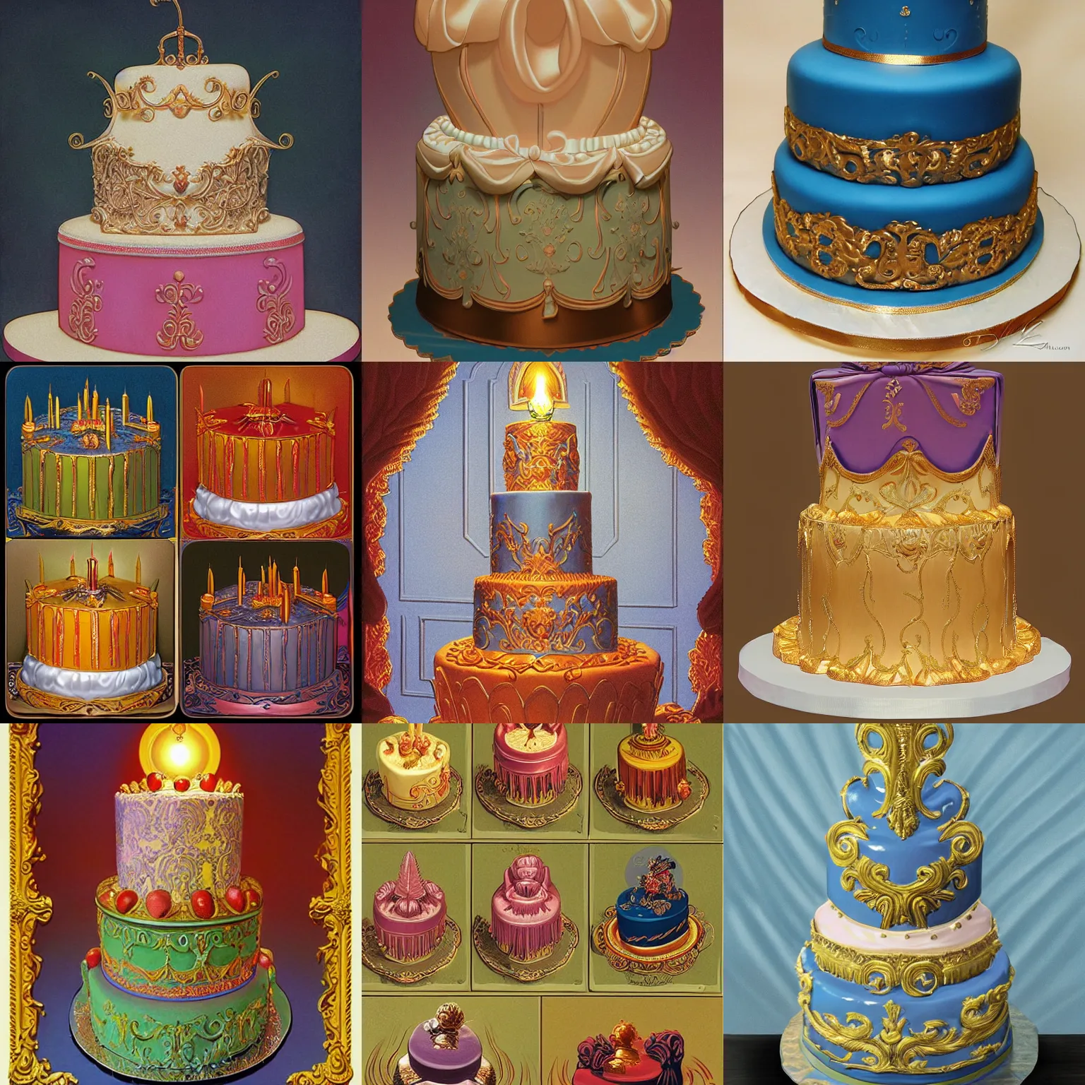 Prompt: fancy baroque cake light colors by greg hildebrandt