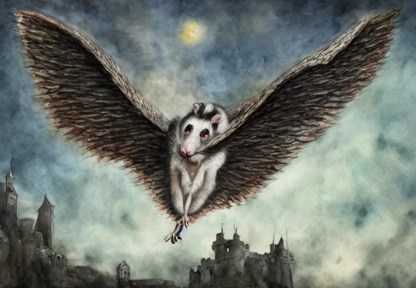 Image similar to the legendary glorious winged possum is flying over a medieval castle under the dark starred sky, dark fantasy, watercolor, dreaming illusion, highly detailed, 4k, trending on Artstation, award-winning