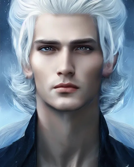 Image similar to a beautiful male, 8 k, hyperrealistic, hyperdetailed, white hair, blue eyes, fantasy portrait by laura sava
