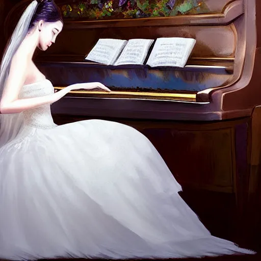 Prompt: a princess in a white wedding dress playing piano, Digital art, by wlop,highly detailed