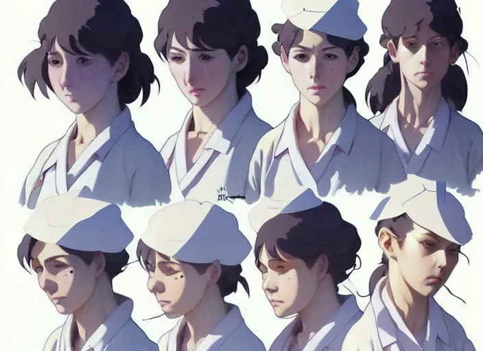 Image similar to 1 8 5 5 nurse, character face study, multiple angles, directions and moods. faces only, concept art finely detailed perfect art, painted by greg rutkowski makoto shinkai takashi takeuchi studio ghibli, pinterest, cevagraf comics