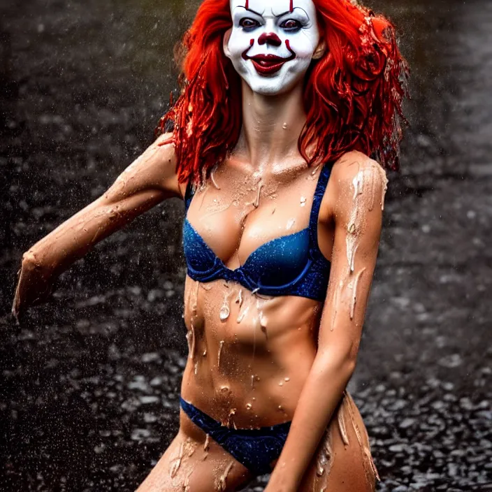 Image similar to fully body pose, photo of a very beautiful!! victoria secret model, pennywise, wet hair, raining, 8 k, hdr, smooth, sharp focus, high resolution, award - winning photo, trending on artstation, dslr, 5 0 mm