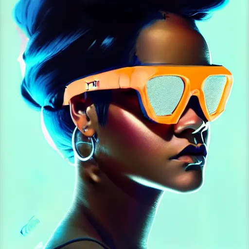 Image similar to Rihanna wearing opaque reflective goggles profile picture by Greg Rutkowski, asymmetrical, futuristic, volumetric lights, streetwear, studio ghibli, Organic Painting , Matte Painting, geometric shapes, hard edges, street art, trending on the artstation, fantasy LUT, realistic by Sachin Teng + Martin Grip + Moebius + Patrick Gleason, smooth, sharp focus, illustration, art by John Collier and Albert Aublet and Krenz Cushart and Artem Demura and Alphonse Mucha, techwear, Industrial Scifi, detailed illustration, character portrait,