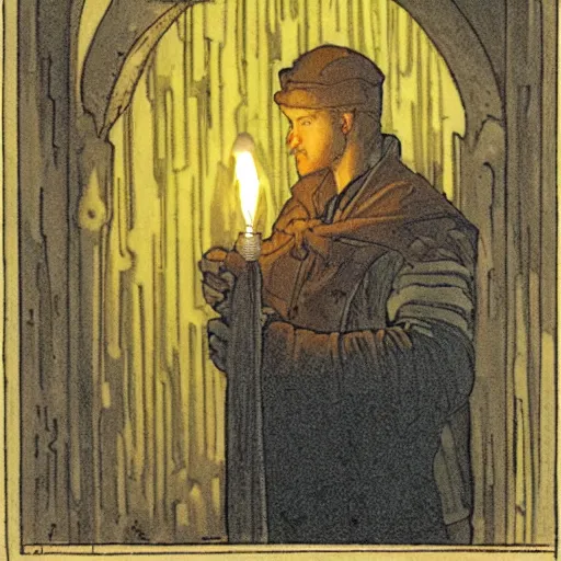 Image similar to a man holds a torch and explores a Dungeon, luminous, Art Nouveau