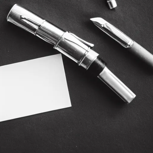 Prompt: A fountain pen lying on an black canvas, leaking ink, award winning photography, black and white, law of thirds