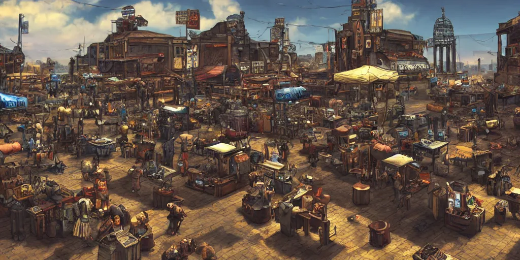 Prompt: a busy marketplace full of merchants, fallout style,, digital art, 4 k,