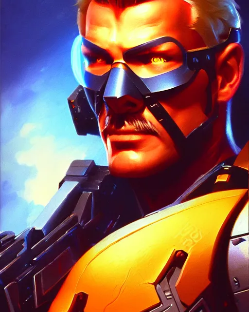 Image similar to soldier 7 6 from overwatch, fantasy, fantasy art, character portrait, portrait, close up, highly detailed, intricate detail, amazing detail, sharp focus, vintage fantasy art, vintage sci - fi art, radiant light, caustics, by boris vallejo