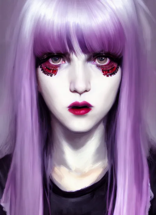 Image similar to portrait of white teenage girl, normal face, white bangs, mall goth, cyberlox, black and white hair, bangs, fluffy bangs, red contact lenses, purple lipstick, intricate, elegant, highly detailed, digital painting, artstation, concept art, sharp focus, smooth, illustration, art by wlop, mars ravelo and greg rutkowski