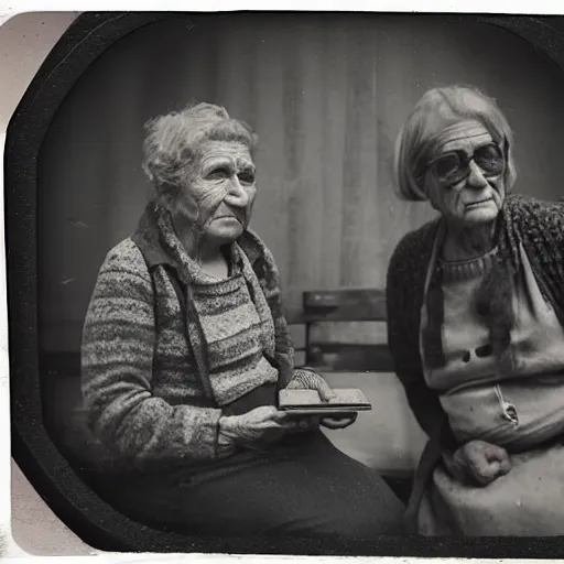 Image similar to tintype photograph, old woman, millennial woman elderly, 2 0 9 0 s, post - nuclear town