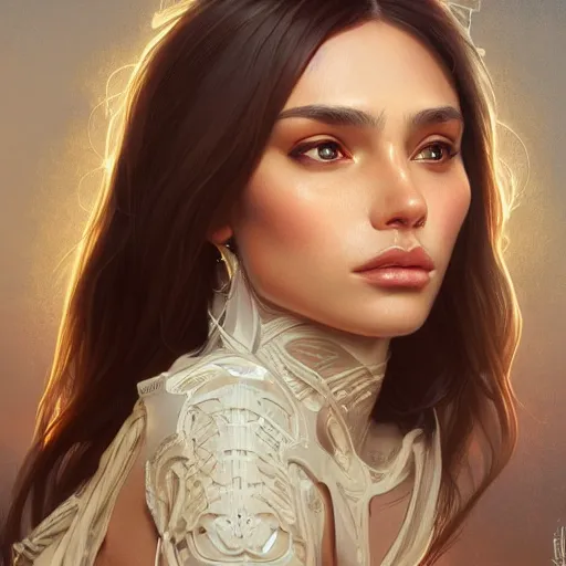 Prompt: Instagram Model, olive skin, long dark hair, beautiful bone structure, intricate, elegant, highly detailed, digital painting, artstation, concept art, smooth, sharp focus, illustration, art by artgerm and greg rutkowski and alphonse mucha