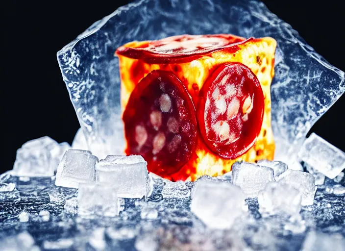 Prompt: clear highly detailed photorealistic food photograph of a big ice cube with a pizza frozen inside the cube with salami pepperoni, the cube refracts the sunlight, volumetric, the ice cubes laying on marvel stone