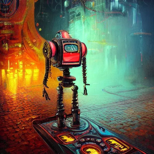 Prompt: low angle shot of A Robot With its head missing, gushing out oil from the hole, walking towards the viewer, neon color scheme, by Clive Barker , intricate, elegant, highly detailed, centered, digital painting, artstation, concept art, smooth, sharp focus, illustration, artgerm, Tomasz Alen Kopera, Peter Mohrbacher donato giancola, Joseph Christian Leyendecker, WLOP, Boris Vallejo.