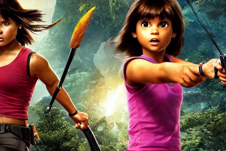 Image similar to Dora the Explorer vs Lara Croft, film by Michael Bay