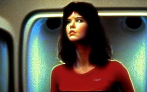 Image similar to full - color cinematic movie still from a 1 9 7 9 science - fiction horror film by ridley scott starring young phoebe cates as a crew member on a spaceship fighting a xenomorph. detailed facial - features ; suspense ; action.