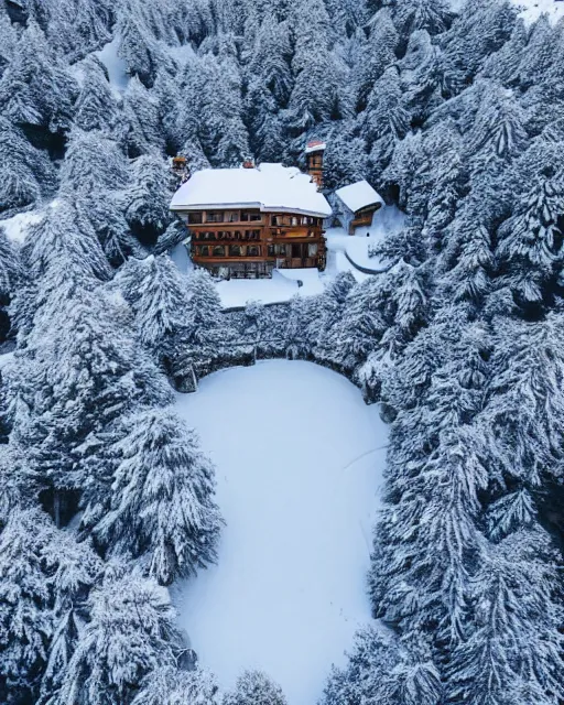 Image similar to hidden mansion in the alps with snow covered roof, zoomed out, shot from drone, iphone capture
