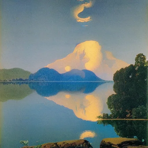 Image similar to night sky reflected in the water, landscape photo by maxfield - parrish