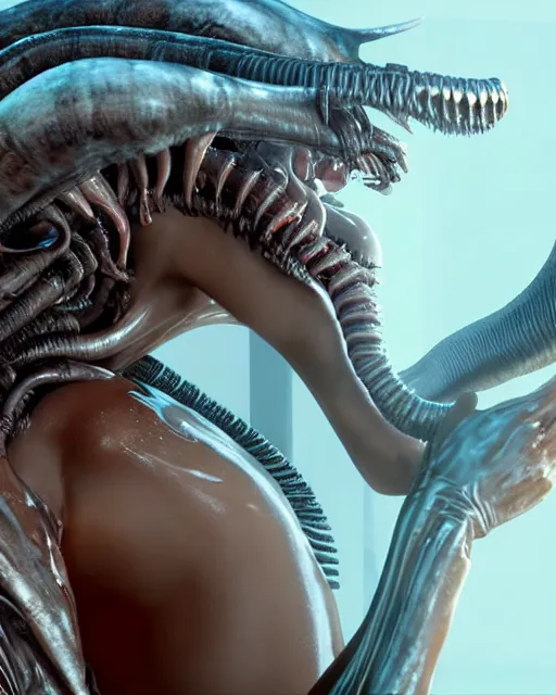 Image similar to cinematic still of kim kardashian being mouth fed by an xenomorph feeding her a transparent alien liquid, wet flowing hair, gooey skin, illustration, unreal engine 5, 8 k, directed by h. r. giger.