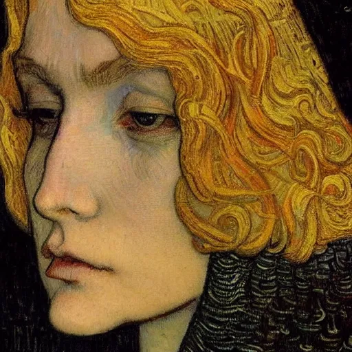 Image similar to detailed realistic beautiful young medieval queen face portrait by jean delville and vincent van gogh, art nouveau, symbolist, visionary, gothic, pre - raphaelite